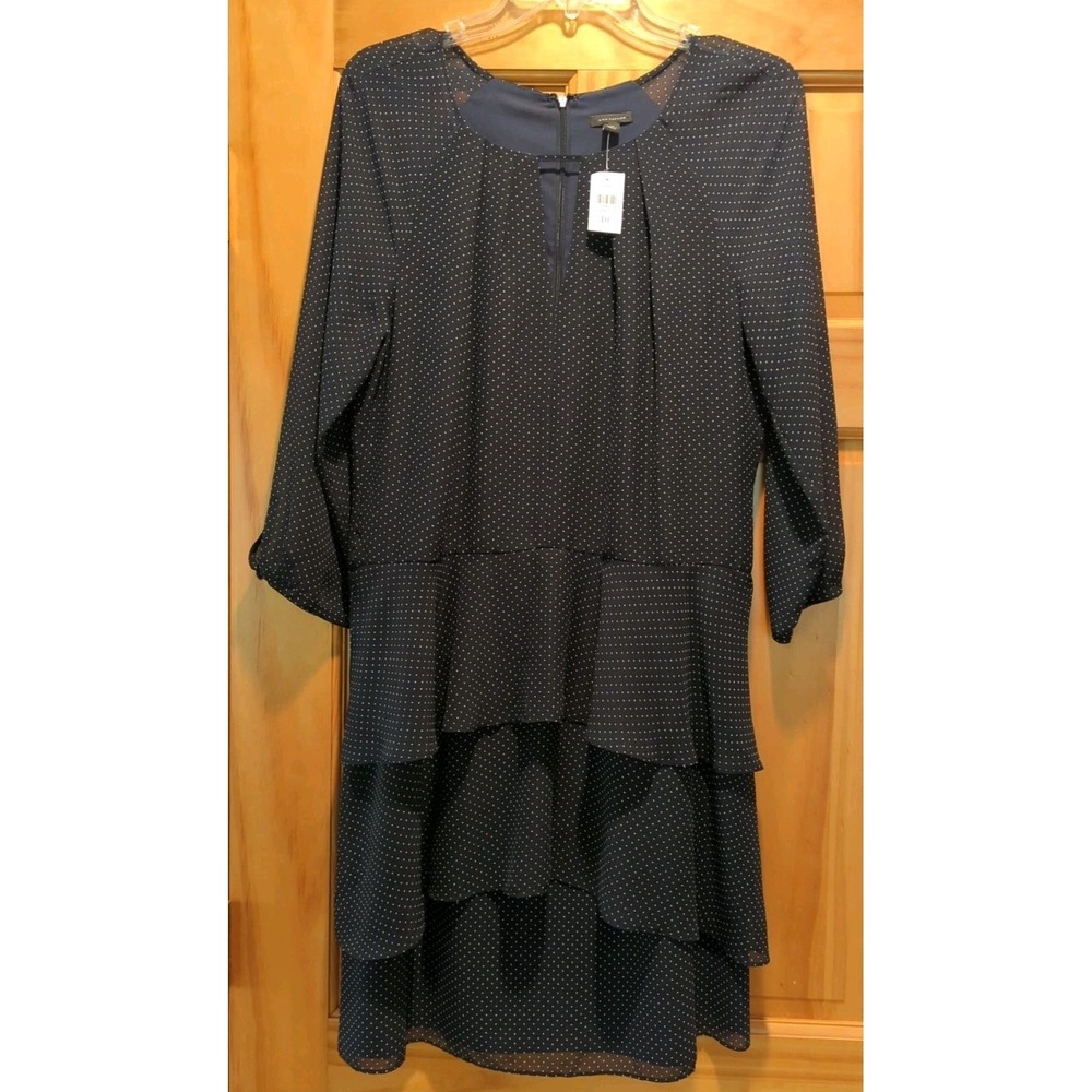 Women's Brand NWT Ann Taylor Size 10 Ruffled Navy Blue Polka Dot Ruffled‎ Dress